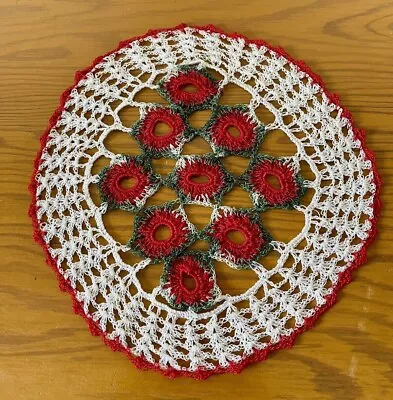 Vintage Christmas Doily Hand Crocheted Centerpiece 11  Red Green White • $5