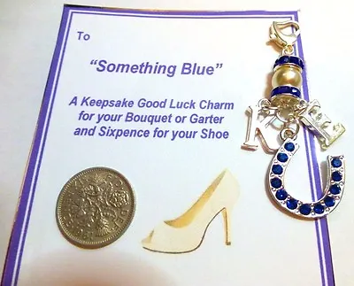 £7 • Buy Something Blue Lucky Traditional Bridal Charm Horseshoe & Initials &n Sixpence