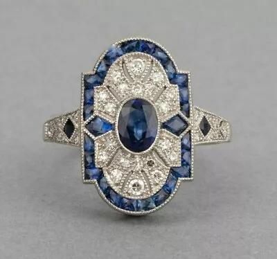 Art Deco Sapphire & Lab Created Diamond Edging Wedding 14K WhiteGold Filled Ring • $110.92