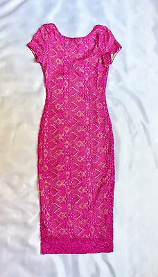 VA VA VOOM Size Small Hot Pink Lace Lined Short Sleeve Midi Pinup Wiggle Dress • $14.96