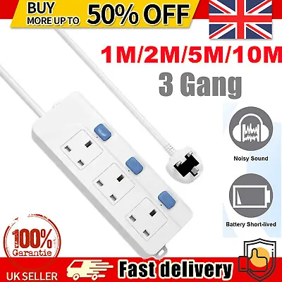 10m 3 Gang Surge Protected UK Mains Power Strip Block Socket Extension 3 Ports • £8.44