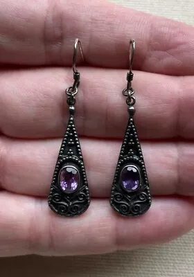 Bali Caviar Earrings Dangle Amethyst Steampunk Sterling Teardrop Vintage 2  • $40