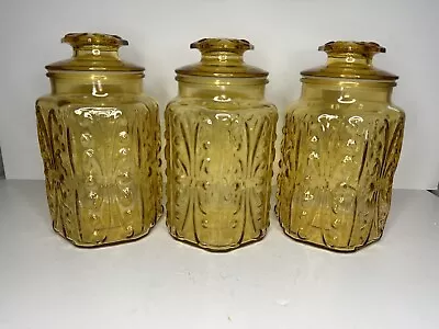 3Vintage Large Federal Glass Scroll Pattern Show Off Amber Canister & Lid Jar 9” • $28.99