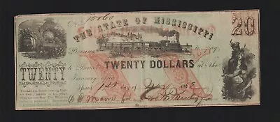 1862 $20 Twenty Dollars The State Of Mississippi Obsolete Banknote Train Scarce • $175