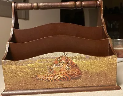 Vintage Tiger Wood Mail Letter Holder Three Slots & Handle Desktop Remote • $7.99