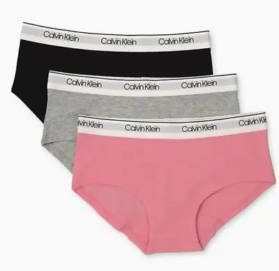 NEW Calvin Klein Big Girls Kids Modern Cotton Hipster 3-Pack Pink Gray Black SM • £8.04