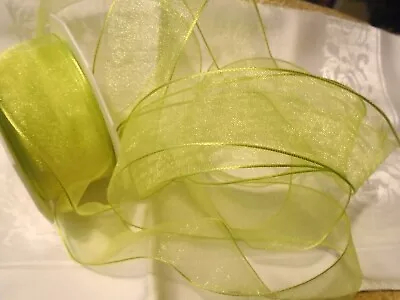 1-1/2  Wide Sheer Fine Wired Organdy Ribbon - Germany - Bty - Lt. Lime Green • $2