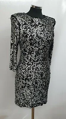 French Connection Sequin Dress Size 12 Black Silver Long Sleeve READ Structured  • £18.95