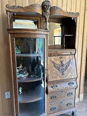 Antique Tiger Oak Secretary With North Wind Face On Top And Curved Glass • $3800