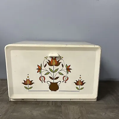 Vintage Ransburg Mid-Century White Brown Floral Metal Bread Box Pie Cooler • $80.96