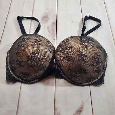 Victoria's Secret Bra 34DD Black Nude Lace Floral Biofit Underwire Y2K Vintage • $13.99