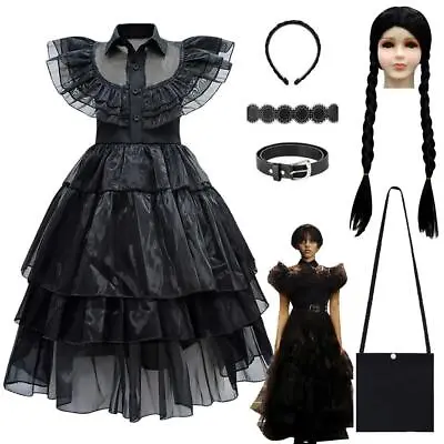 Kids Girls Wednesday The Addams Family Costume Fancy Mash Dress Christmas Gift • £21.99