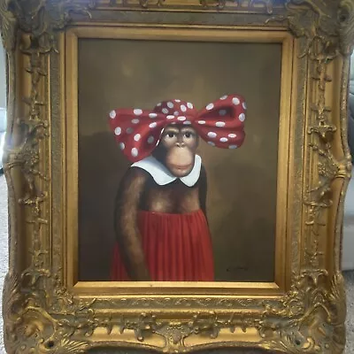 Exquisite 1990’s Original Oil Painting Of Monkey With Bow And Dress 20x24 • $3240