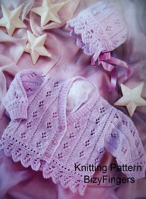 £1.99 • Buy Baby Girls Lacy Matinee Cardigan Coat Bonnet KNITTING PATTERN DK 16 - 26  Jacket