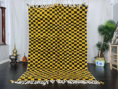 Moroccan Handmade Beni Ourain Carpet 5'6x8'3 Berber Checkered Yellow Black Rug  • $510