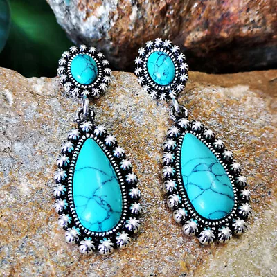 Turquoise Earrings Hook Dangle Drop Vintage Women Western Ethnic Boho Jewelry • $3.06