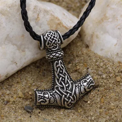 Men Nordic Viking Mjolnir Wolf Pendant Leather Cord Myth Thor's Hammer Necklace • $1.99