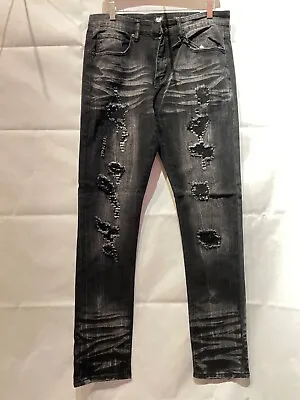 Men's Bleeker Bleeker Distressed Jeans With Rips - BLACK BLACK ACID WASH JM1299 • $29.99