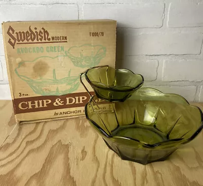 Vintage Anchor Hocking Swedish Modern Avocado Green Chip & Dip Set In Box • $20