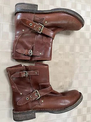 EUC UGG Fabrizia Brown Leather Moto Shearling Women Boots 1001661 Sz EU 38 US 7 • $50