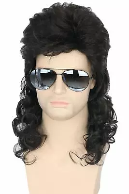 Men Wigs 80s Mullet Black Long Curly Male Halloween Costumes Punk Rocker Hairs • $19.98