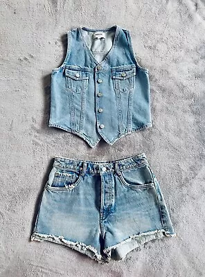 Zara Agolde Womens Blue Denim Cut Off Jean Shorts & Vest Set Size 4 S XS • $56