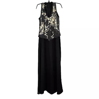 J KARA Size 8 Long Black Formal Evening Halter Dress Beaded W Cream Embroidery • $27.97