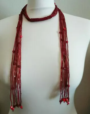 Long Multi Strand Lariat Scarf Necklace Red Beaded Flapper Art Deco Style 50in • £11.99