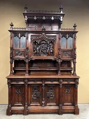 ARRIVES JULY 2024: Antique French Gothic Walnut Wood Cabinet/Sideboard/Buffet • $33950