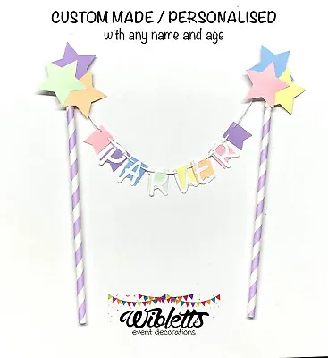 Custom Any Name Birthday Cake Topper Bunting Pastel Rainbow Colours Unicorn Star • $13.70