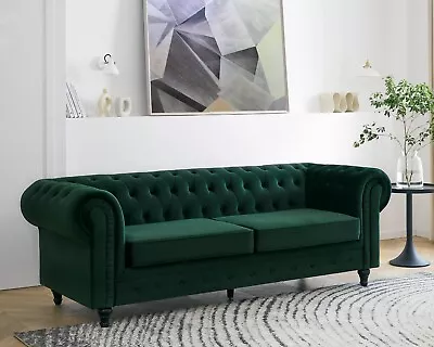 Green 3 Seater Chesterfield Sofa Velvet Fabric Couch Suite Set Luxury Studded • £429