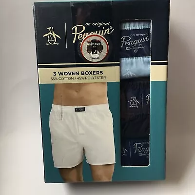 New Penguin Munsingwear Blue Cotton Woven Boxers Underwear BOX Of 3 Men Sz XL • $17.79