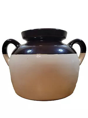 Vintage R.R.P. CO. ROSEVILLE XL Brown & Tan Dbl Handled Stoneware Bean Pot & Lid • $25.99