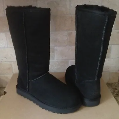 UGG Classic Tall II 2 Black Water-resistant Suede Sheepskin Boots Size 8 Women • $161.49
