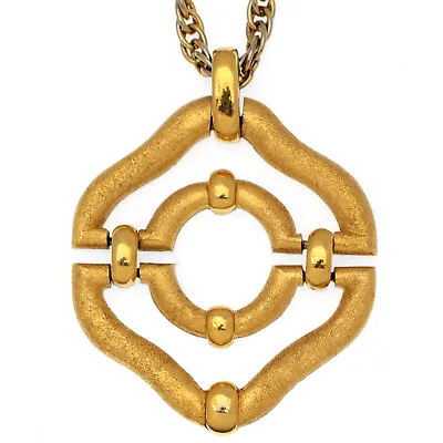 70s Vintage TRIFARI Modernist Pendant Necklace Textured Gold Tone Plated • $27.99