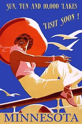 Minnesota Lakes Fashion Lady Boat Travel  Vintage Poster Repro FREE SHIP In USA • $17.90