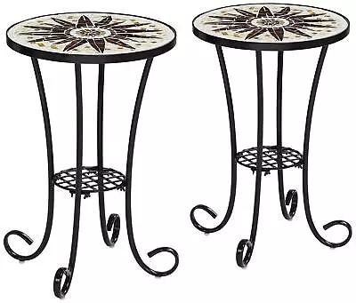 Black Outdoor Accent Tables 14  Wide Set Of 2 Brown Mosaic Porch Patio • $129.99