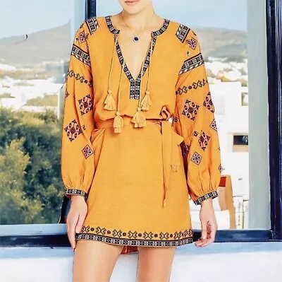 Tigerlily Aztec Boho Embroidered Mini Dress Size 6 XXS Petite Long Sleeve Tunic • $25