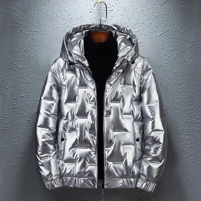 Mens Metallic Shiny Duck Down Quilted Jacket Tops Hooded Coat Parka Overcoat • $57.86