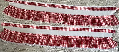 Vintage Red & Ivory Gingham Check Kitchen Curtains 2 Topper Valances Ruffle Lace • $29.99
