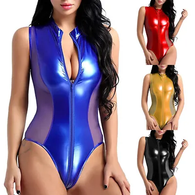 £9.79 • Buy Women Sexy PU Leather Lingerie Crotchless Bodysuit Wet Look  Nightwear Underwear