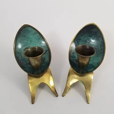 Vintage Collectible Brass Oppenheim Israel Candle Holders/Green Enamel Color • $13