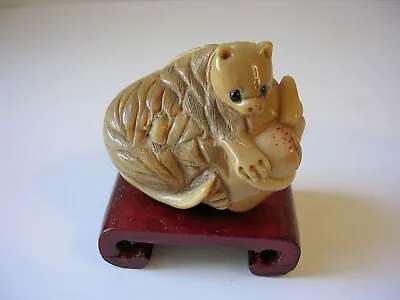 Japanese Hand-Carved Tagua Nut Netsuke Signed With Wooden Stand • £19.99