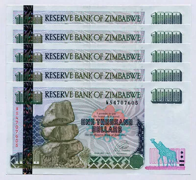 Zimbabwe 1000 Dollars Banknote X 5 Pcs 2003 P12 Consecutive UNC Currency Bills • $41.35