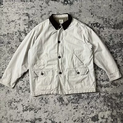 Vintage 90s Gap Chore Coat Barn Jacket Corduroy Collar Men's Large Beige • $40