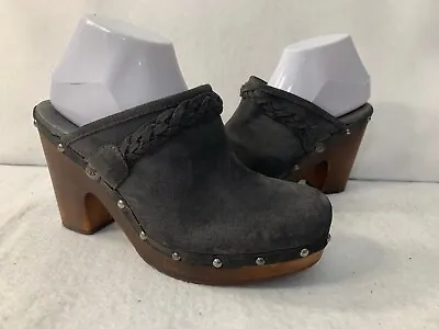 UGG Womens 9 Abbie Gray Suede Studded Round Toe Mule Block Heel F29011E • $33