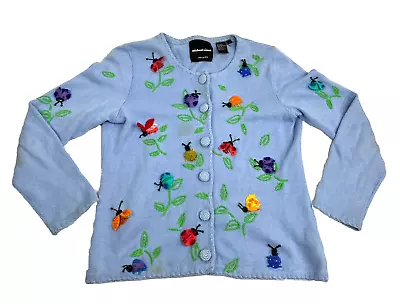 Vintage Michael Simon Sweater Cardigan Size Small S Bugs Beatles Ladybugs Blue • $69.99