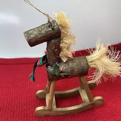 Wood Log & Brush Mane & Tail Rocking Horse Christmas Holiday Ornament 5” • $4.95