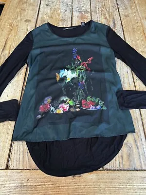 Stunning MAISON SCOTCH Black & Dark Green Flower Print Modal Jersey TOP 3 L • £6.99