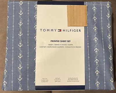 Tommy Hilfiger QUEEN Sheet Set Nautical Anchors Denim Blue White Design Printed • £62.65